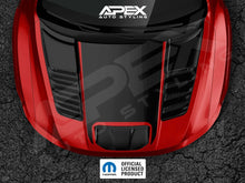 Load image into Gallery viewer, Red and black RAM TRX hood with APEX Auto Styling logo and custom decals, showcasing solid color design option for OEM look or personalized graphics. Official licensed product badge visible.