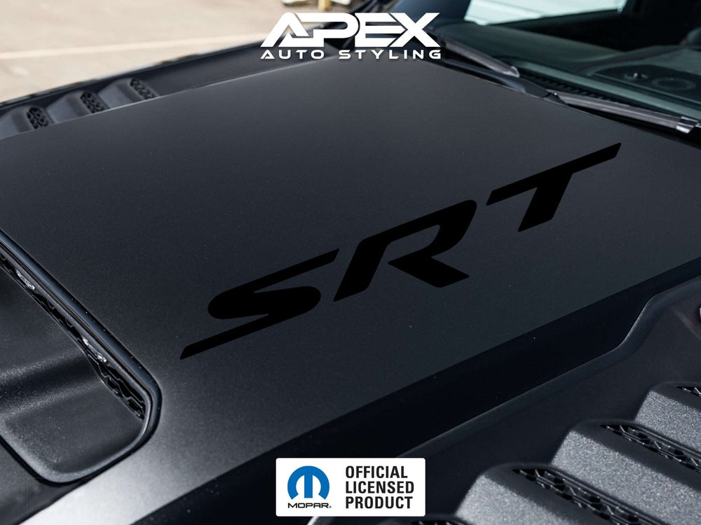 RAM TRX hood decal with SRT logo cutout in matte black, showcasing OEM-style design on a vehicle hood. Apex Auto Styling logo visible, along with official licensed product emblem.