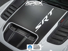 Load image into Gallery viewer, RAM TRX hood with black SRT logo decal, showing custom hood graphics for Apex Auto Styling. Includes main decal and front scoop decal with cutout SRT logo revealing truck&#39;s paint. Official licensed product logo visible.