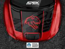 Load image into Gallery viewer, Red and black RAM TRX hood with T-Rex head logo decal, showcasing Apex Auto Styling design and official licensed product badge
