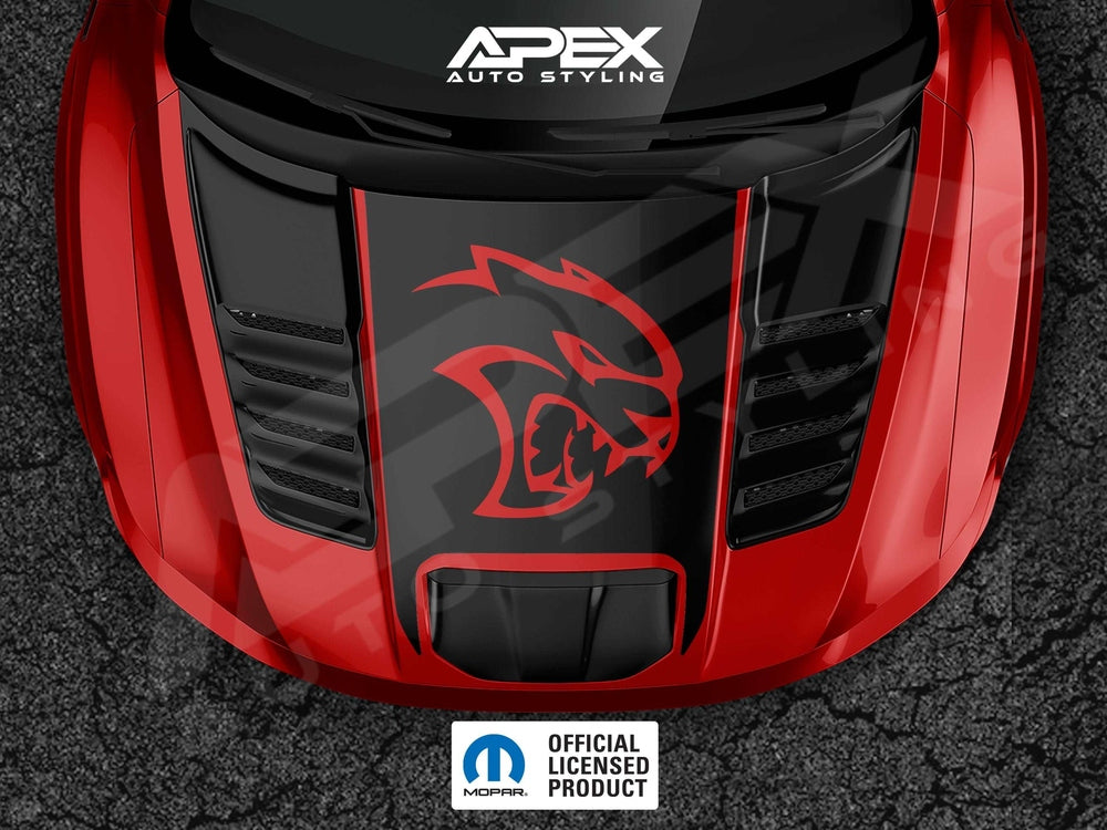 RAM TRX hood with red Hellcat logo decal on black background, showcasing custom vinyl graphics for RAM truck's hood and scoop. APEX Auto Styling branding visible.
