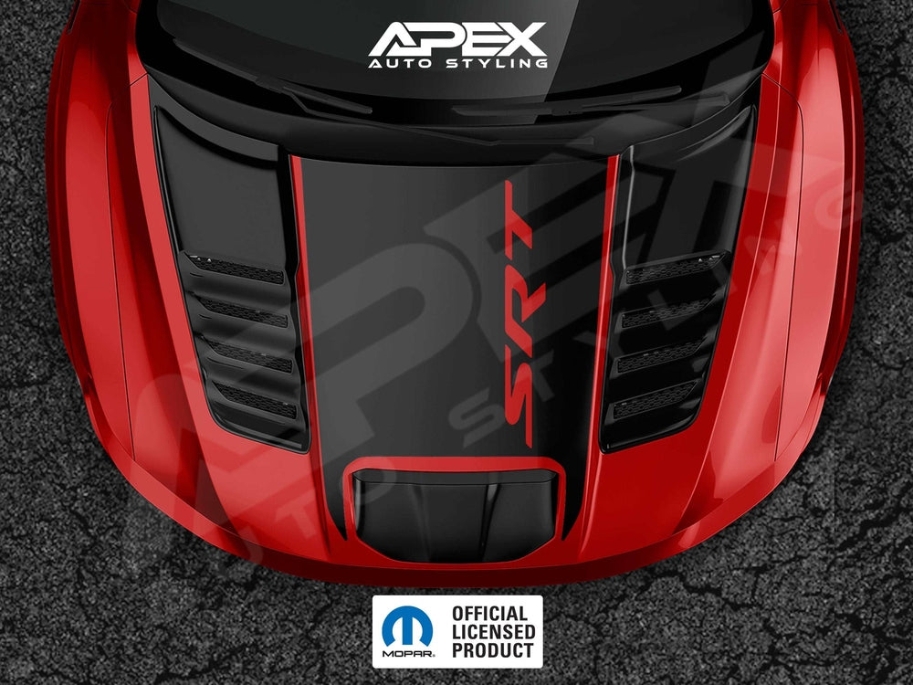 RAM TRX hood with black and red decals featuring SRT logo cutout, showcasing Apex Auto Styling product for Shopify. Official licensed product badge visible.