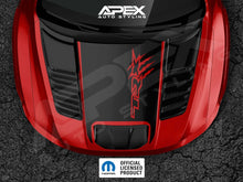 Load image into Gallery viewer, Red and black RAM TRX hood with custom decals featuring TRX logo and claw mark cutout, showcasing factory-style graphics for Shopify product listing