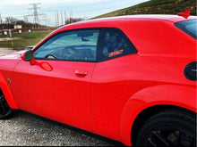 Load image into Gallery viewer, Bright red Dodge Challenger with 392 logo decal on quarter window, parked outdoors on gravel. Black wheels and trim accent the muscular body style, showcasing the custom window graphic and sleek muscle car design.