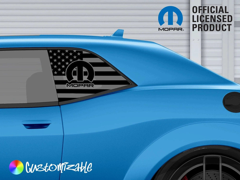 Blue Dodge Challenger with custom MOPAR logo quarter window decal featuring American flag design. Official licensed product badge visible. Customizable option indicated.