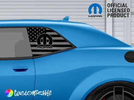 Blue Dodge Challenger with custom MOPAR logo quarter window decal featuring American flag design. Official licensed product badge visible. Customizable option indicated.