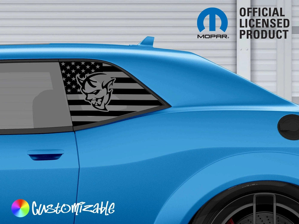 Dodge Challenger quarter window decal featuring Demon logo with American flag design, displayed on bright blue car. Mopar official licensed product logo visible. Customizable option shown.