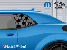 Load image into Gallery viewer, Blue Dodge Challenger with custom honeycomb pattern quarter window decal featuring 345 logo, showcasing Mopar official licensed product and customizable options for vehicle personalization