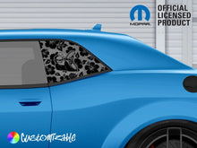 Load image into Gallery viewer, Blue Dodge Challenger with customizable Scat Pack logo quarter window decal, featuring black design with transparent background. Mopar official licensed product logo visible. Customizable color options shown.