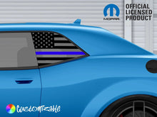 Load image into Gallery viewer, Blue Dodge Challenger with American flag quarter window decal featuring thin blue line design, showcasing support for police. Mopar official licensed product logo visible.