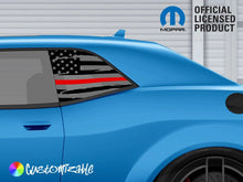 Load image into Gallery viewer, Blue Dodge Challenger with American flag decal on quarter window, featuring black and white stripes with a red line, showcasing support for police and fire services. Mopar official licensed product logo visible.