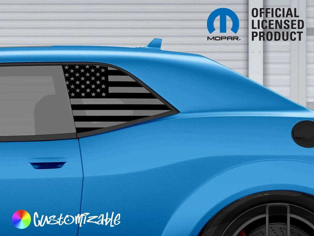 Blue Dodge Challenger with American flag decal on quarter window, showcasing Mopar official licensed product and customizable features for 2008+ models