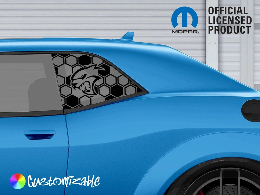 Blue Dodge Challenger with custom Hellcat logo quarter window decal, featuring honeycomb pattern and cat head design. Official Mopar licensed product logo visible. Customizable options indicated.