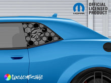 Load image into Gallery viewer, Blue Dodge Challenger with custom Hellcat logo quarter window decal, featuring honeycomb pattern and cat head design. Official Mopar licensed product logo visible. Customizable options indicated.