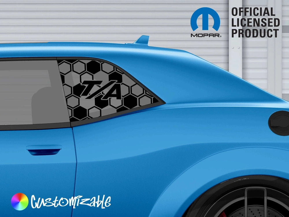 Blue Dodge Challenger with custom T/A logo quarter window decal, showcasing hexagonal pattern and Mopar official licensed product logo, highlighting customizable design options for vehicle personalization