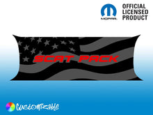 Load image into Gallery viewer, Customizable Challenger taillight divider decal featuring American flag design with &quot;Scat Pack&quot; text in red, official Mopar licensed product, multiple color options available