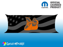 Load image into Gallery viewer, Challenger taillight divider decal featuring Scat Pack logo on black American flag background, customizable design with orange logo, official Mopar licensed product, blue gradient border
