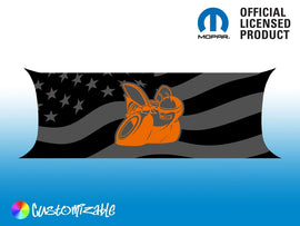 Challenger taillight divider decal featuring Scat Pack logo on black American flag background, customizable design with orange logo, official Mopar licensed product, blue gradient border