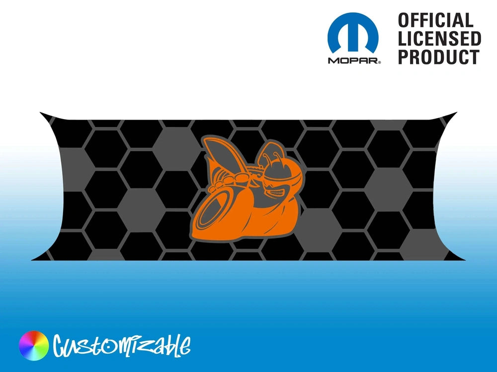 Customizable Challenger taillight divider decal with honeycomb pattern and orange Scat Pack logo, featuring Mopar official license and customization options
