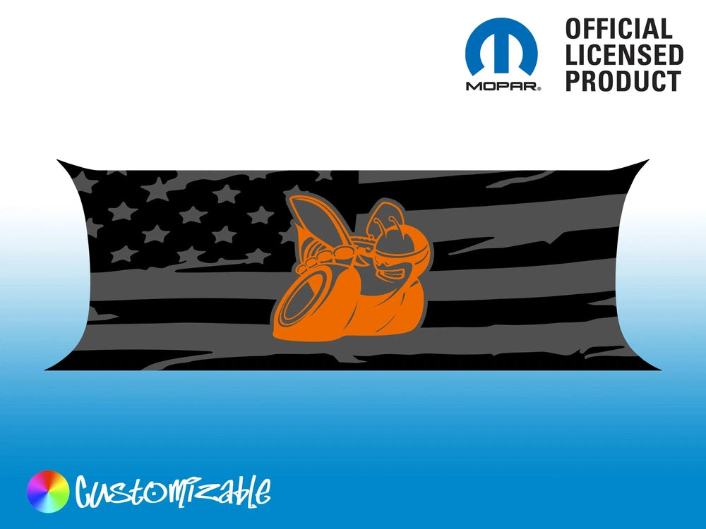 Customizable Challenger taillight divider decal featuring American flag design with orange Scat Pack logo, official Mopar licensed product, on blue gradient background