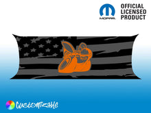 Load image into Gallery viewer, Customizable Challenger taillight divider decal featuring American flag design with orange Scat Pack logo, official Mopar licensed product, on blue gradient background