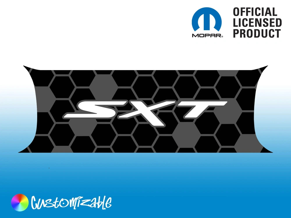 Customizable Dodge Challenger taillight divider decal with SXT logo on hexagonal pattern background, showcasing Mopar official licensed product and customizable options