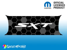 Load image into Gallery viewer, Customizable Dodge Challenger taillight divider decal with SXT logo on hexagonal pattern background, showcasing Mopar official licensed product and customizable options