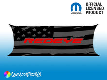 Load image into Gallery viewer, Customizable Challenger taillight divider decal featuring American flag design with &quot;REDEYE&quot; text in red, displayed on blue gradient background. Mopar logo and &quot;Official Licensed Product&quot; text shown.
