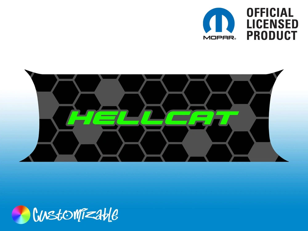 Challenger Hellcat taillight divider decal with honeycomb pattern, green Hellcat text, and Mopar official licensed product logo. Customizable design for Dodge Challenger, showcasing sleek and sporty aesthetic.