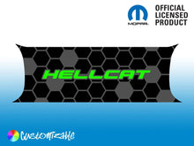 Load image into Gallery viewer, Challenger Hellcat taillight divider decal with honeycomb pattern, green Hellcat text, and Mopar official licensed product logo. Customizable design for Dodge Challenger, showcasing sleek and sporty aesthetic.