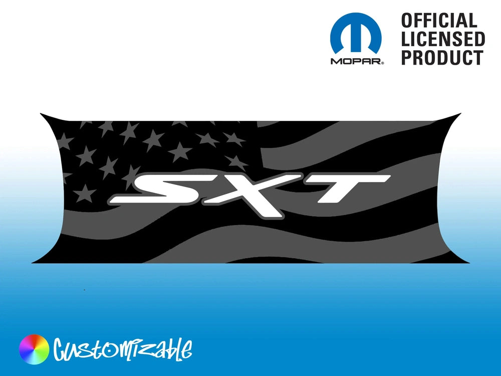 Customizable Challenger taillight divider decal with SXT logo and American flag design, shown in black and gray. Official licensed Mopar product with customizable color options.
