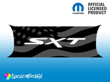 Load image into Gallery viewer, Customizable Challenger taillight divider decal with SXT logo and American flag design, shown in black and gray. Official licensed Mopar product with customizable color options.