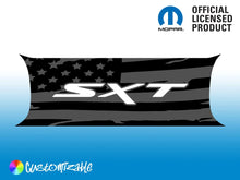 Load image into Gallery viewer, Customizable Challenger taillight divider decal with SXT logo and American flag design, shown on blue background. Mopar officially licensed product logo visible.