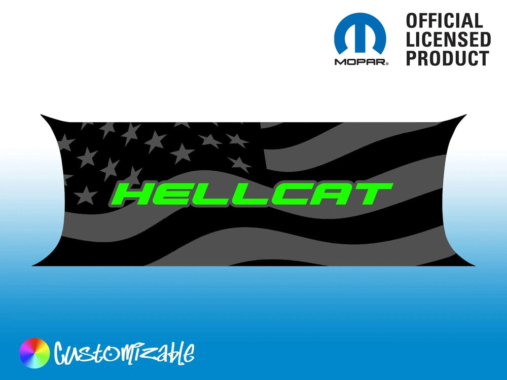 Customizable Challenger taillight divider decal featuring American flag design with green Hellcat text. Official Mopar licensed product with customization options visible.