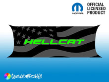 Load image into Gallery viewer, Customizable Challenger taillight divider decal featuring American flag design with green Hellcat text. Official Mopar licensed product with customization options visible.