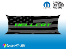 Load image into Gallery viewer, Challenger taillight divider decal featuring black American flag design with green Hellcat text, customizable colors, official Mopar licensed product, against blue background