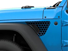 Load image into Gallery viewer, Blue Jeep Wrangler or Gladiator fender vent with black honeycomb pattern decal, showcasing custom fender vent design for Jeep vehicles