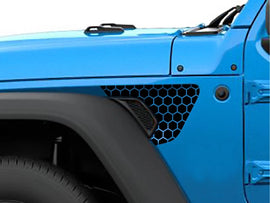 Blue Jeep Wrangler or Gladiator fender vent with black honeycomb pattern decal, showcasing custom fender vent design for Jeep vehicles