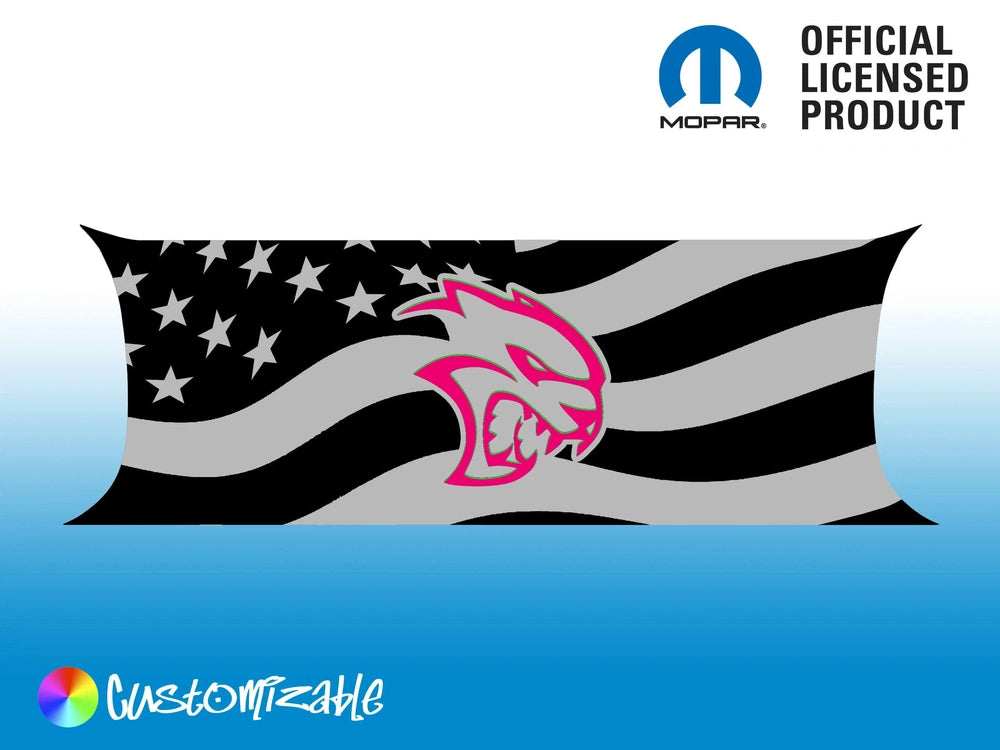 Customizable Challenger taillight divider decal featuring American flag design with pink Hellcat logo, licensed Mopar product, available in various styles and colors for 2015+ Dodge Challenger models