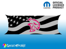 Load image into Gallery viewer, Customizable Challenger taillight divider decal featuring American flag design with pink Hellcat logo, licensed Mopar product, available in various styles and colors for 2015+ Dodge Challenger models