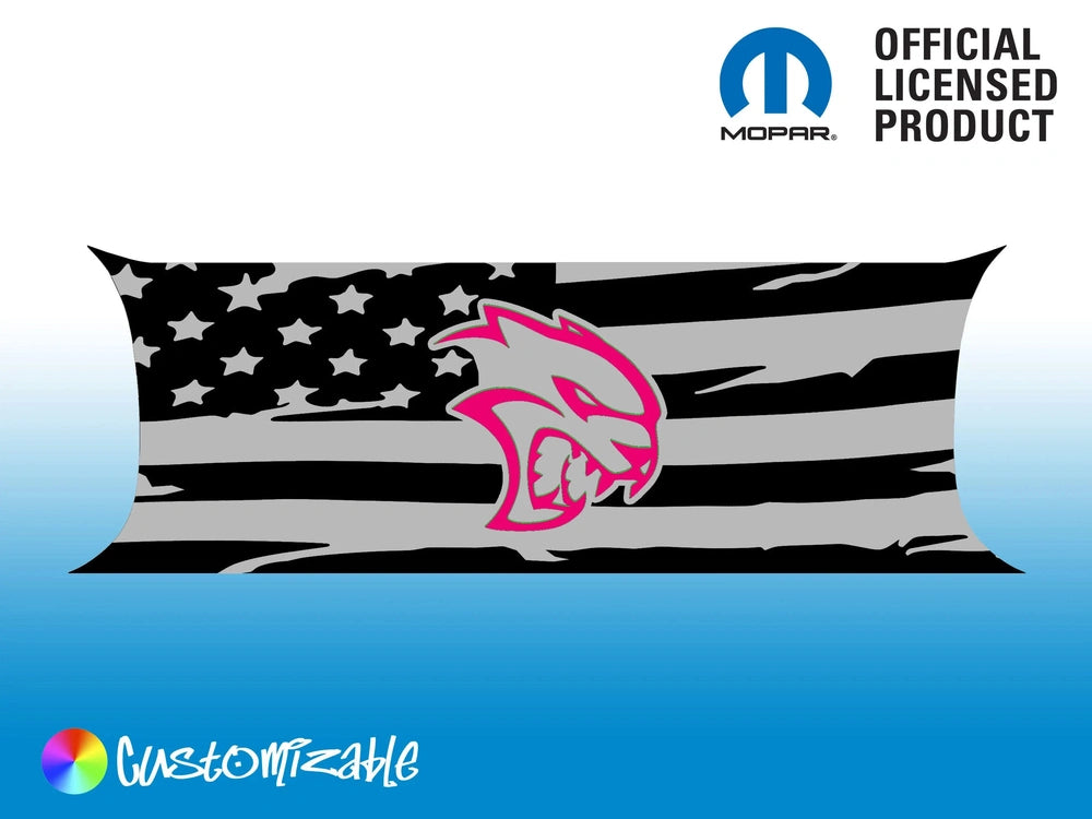 Challenger taillight divider decal featuring distressed American flag design with pink Hellcat logo, official Mopar licensed product, customizable options available