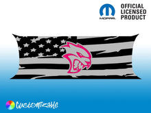 Load image into Gallery viewer, Challenger taillight divider decal featuring distressed American flag design with pink Hellcat logo, official Mopar licensed product, customizable options available