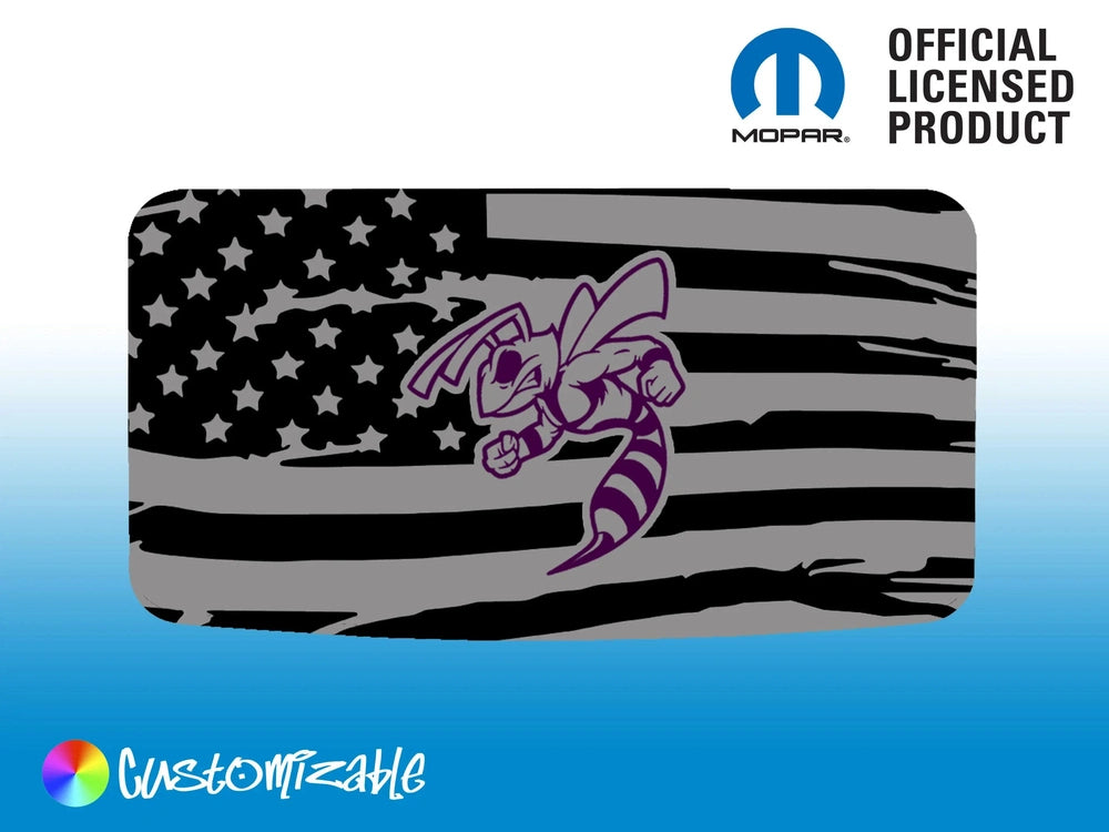 Dodge Challenger sunroof decal featuring an angry hornet logo on a distressed American flag background. Purple hornet design on black and gray flag. Official Mopar licensed product with customizable options shown.