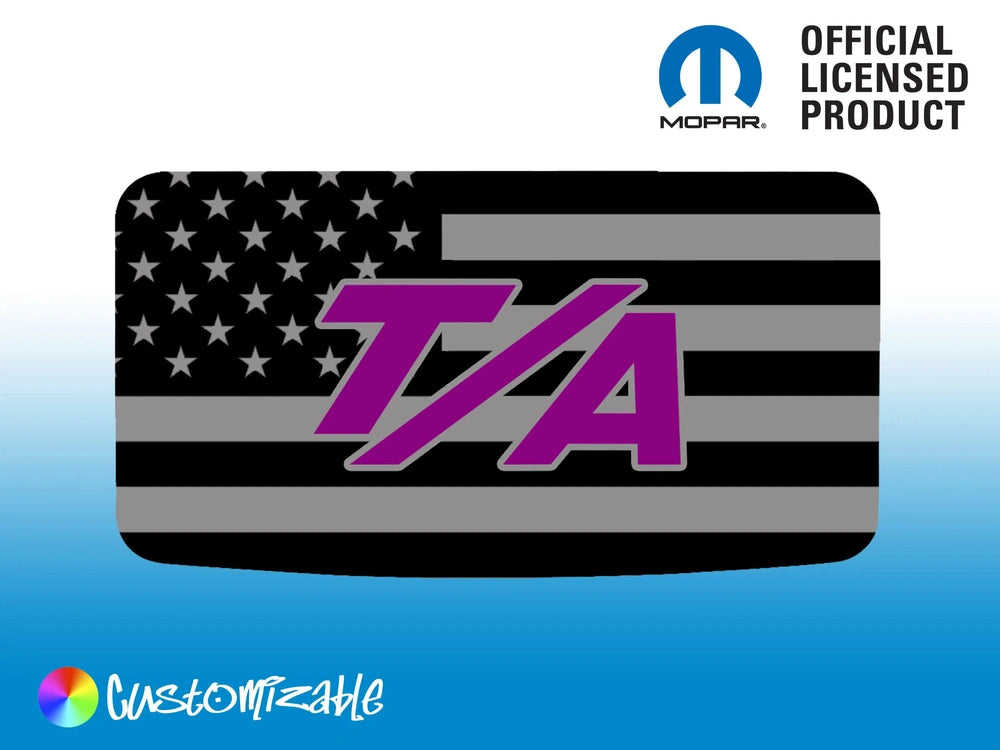 Dodge Challenger T/A sunroof decal with American flag design, featuring purple T/A logo on black and gray stripes. Official licensed Mopar product, customizable option shown.