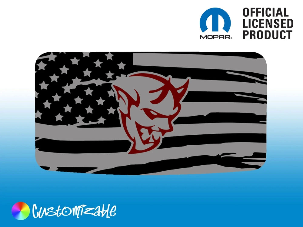 Dodge Challenger sunroof decal featuring Demon logo and American flag design, customizable colors, official Mopar licensed product for 2008+ models