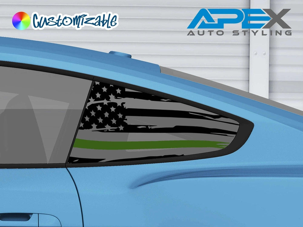 Blue Ford Mustang S550 with quarter window decal featuring American flag design with green line, representing support for military, police, or fire services. Custom vinyl decal shown on car's side window.