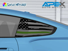 Load image into Gallery viewer, Blue Ford Mustang S550 with quarter window decal featuring American flag design with green line, representing support for military, police, or fire services. Custom vinyl decal shown on car&#39;s side window.