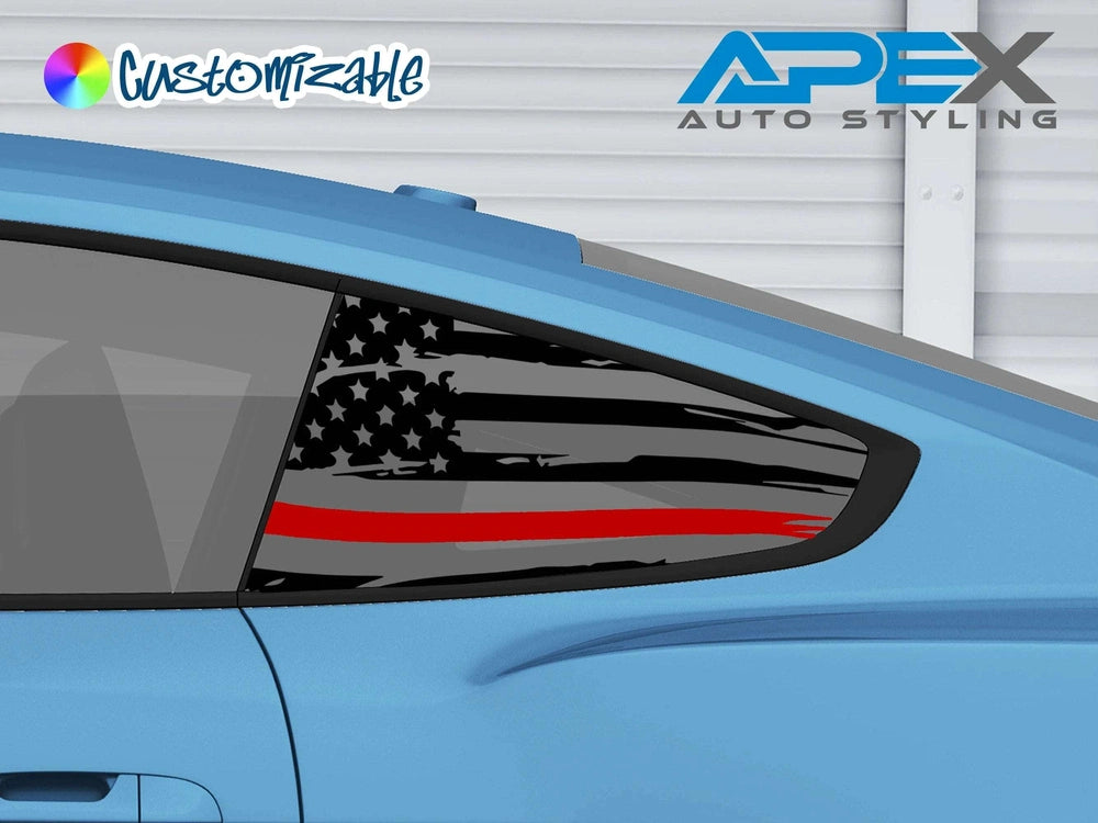 Custom quarter window decal for Ford Mustang featuring American flag design with red stripe, symbolizing support for police, fire, or military services. Shown on blue car body, highlighting precise fit and sleek appearance.