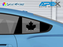 Load image into Gallery viewer, Blue Ford Mustang with Canadian flag quarter window decal, showcasing black maple leaf design on gray background, demonstrating product application for S550 Mustang customization.