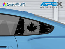 Load image into Gallery viewer, Blue Ford Mustang with Canadian flag quarter window decal featuring black maple leaf design, showcasing Customizable and APEX Auto Styling logos in the upper corners
